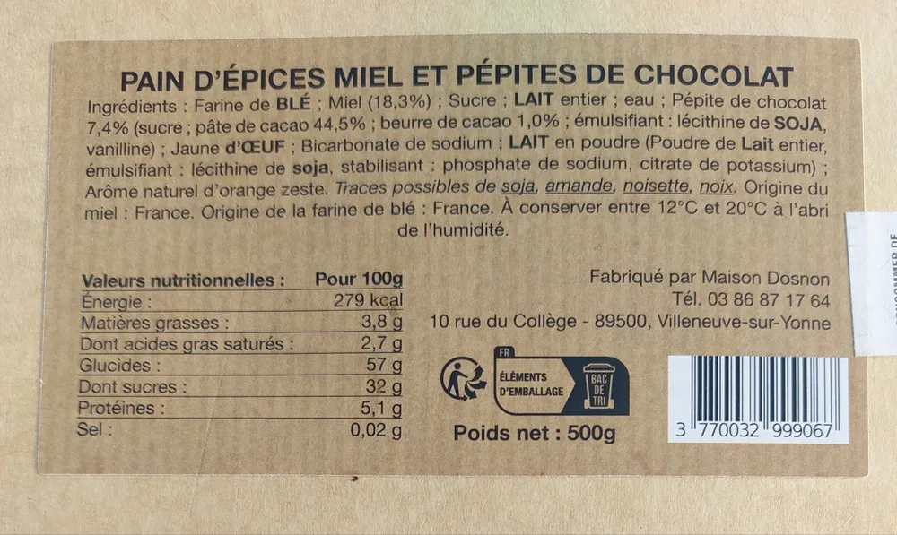 Pain d'épices miel et pépites de chocolat