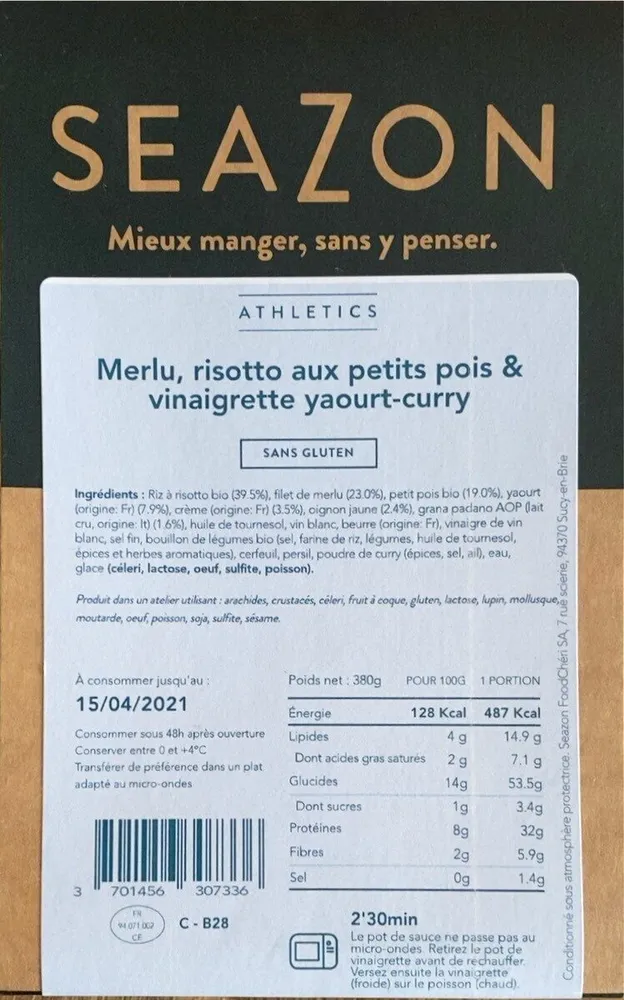 Merlu, risotto aux petits pois & vinaigrette yaourt-curry