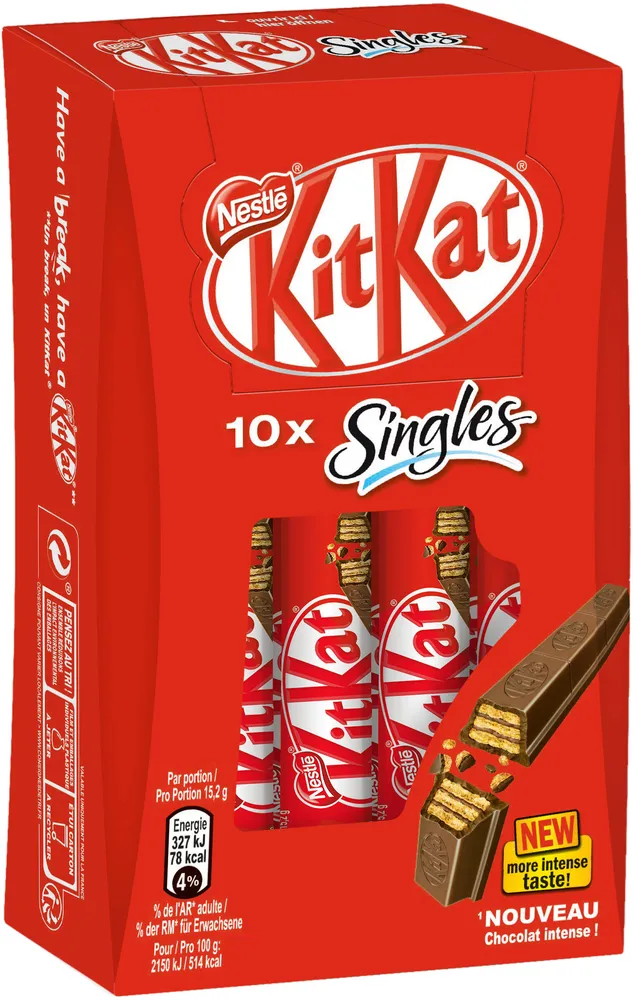 KITKAT Singles Barre au chocolat au Lait, 10 x 15,2g