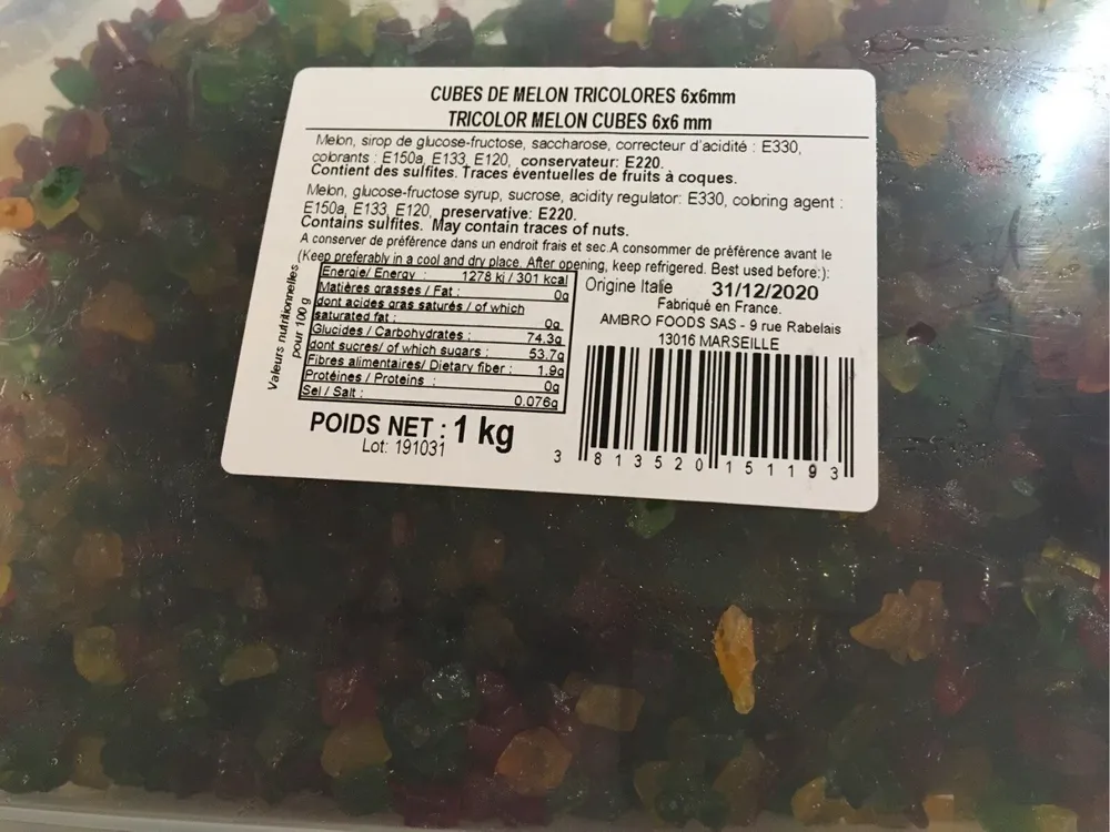 Cubes de melon tricolores