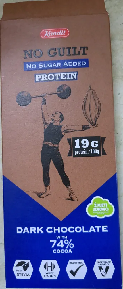 NO GUILT NO SUGAR ADDED PROTEIN DARK CHOCOLATE WITH 74% COCOA
