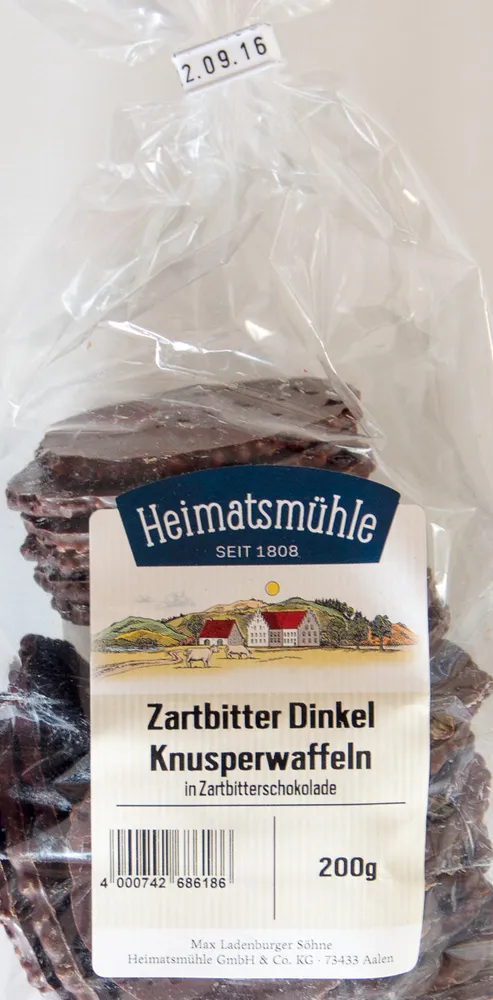 Zartbitter Dinkel Knusperwaffeln in Zartbitterschokolade