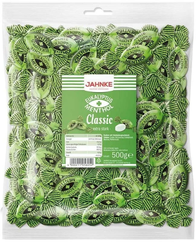 Jahnke Classic Eukalyptus + Menthol extra stark 500g Einzeln gewickelte extrastarke Eukalyptus-Menthol-Hartkaramellen (ca. 95 Stück)