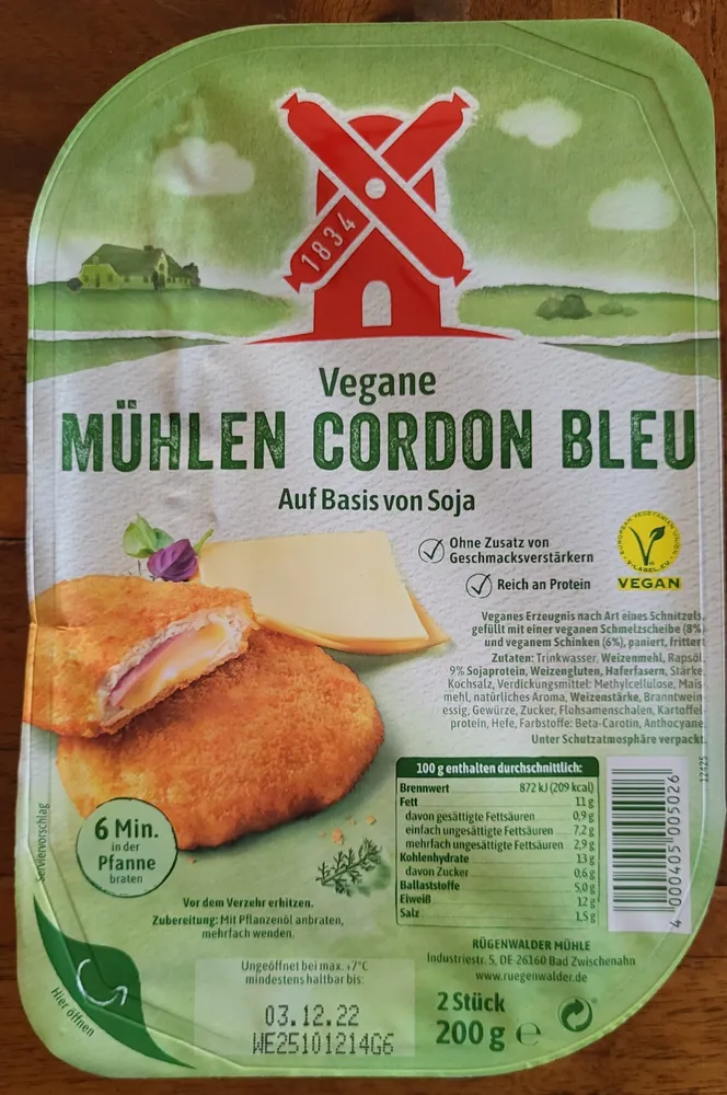 Veganes Mühlen Cordon Bleu auf Basis von Soja
