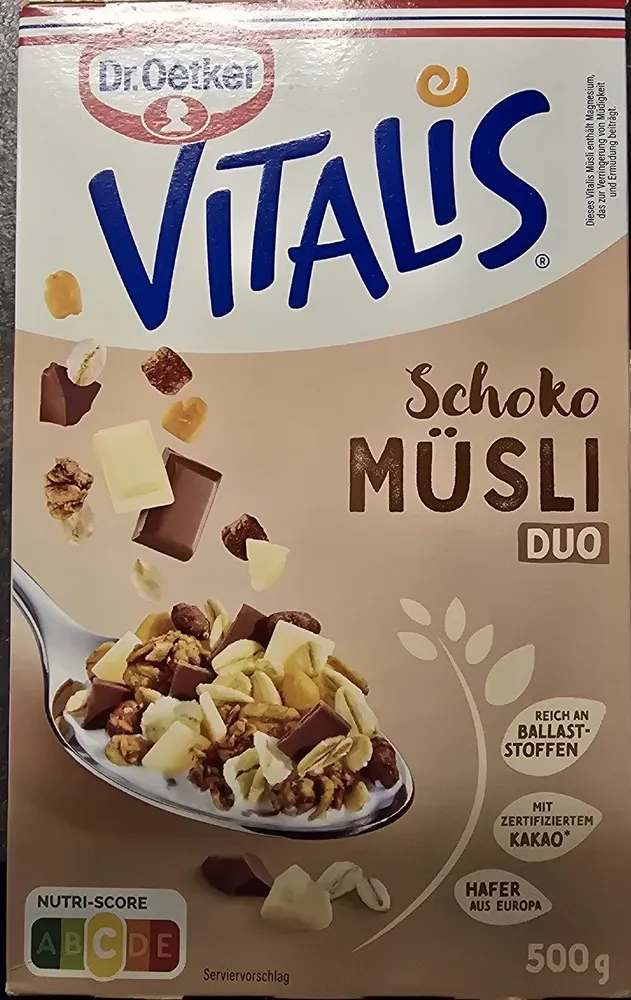 Vitalis SchokoDuomüsli mit Vollmilch- und weißer Schokolade