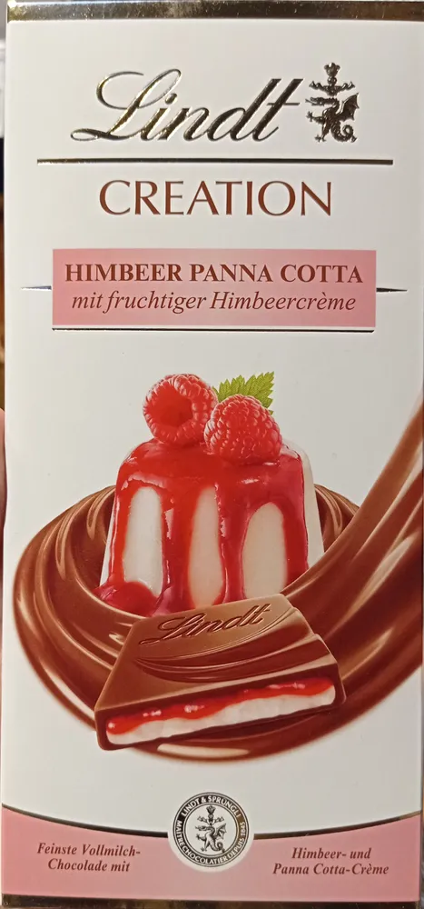 Lindt Creation Himbeer Panna Cotta 4000539113246 Vollmilch-Schokolade mit Himbeer-Füllung (9%) auf Sahne-Crème (28%). Menge: 150 g