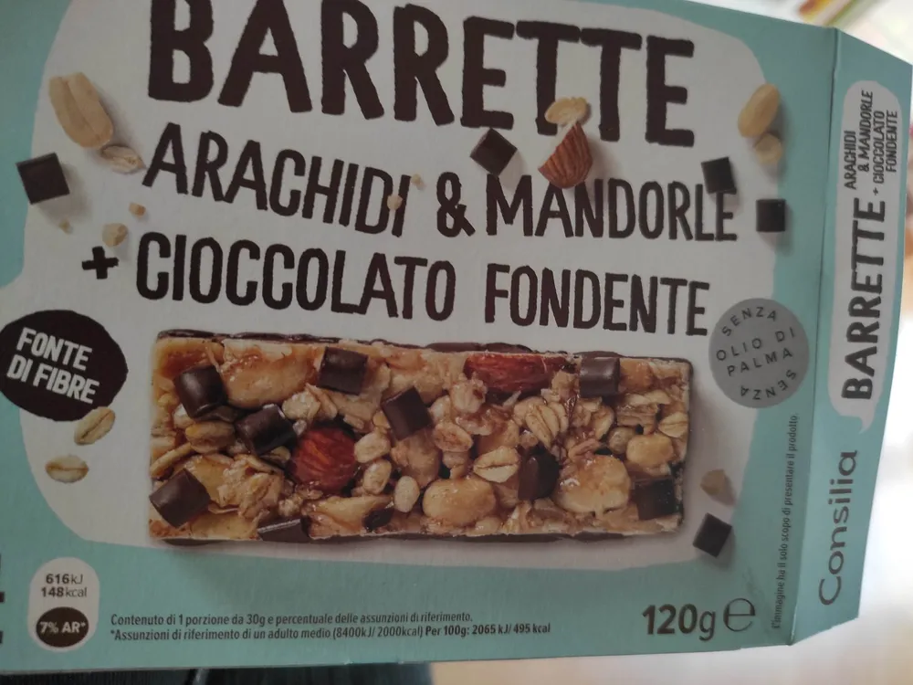 barrette con arachidi, cioccolato e mandorle