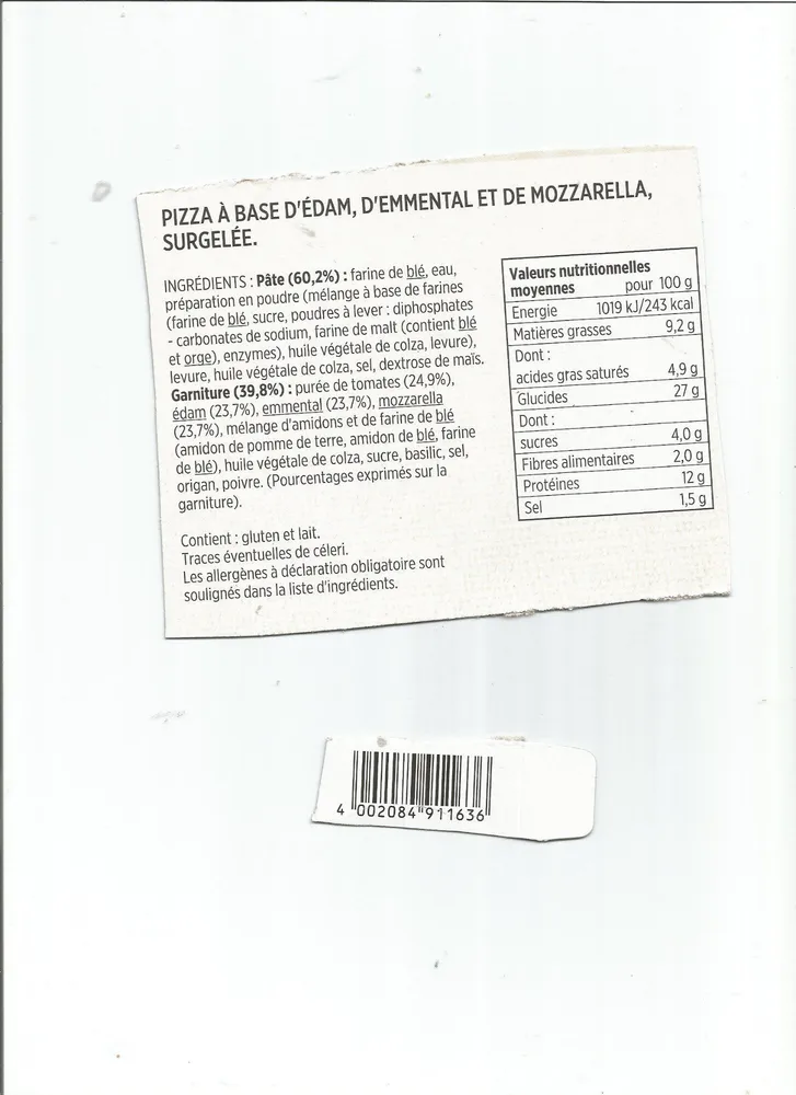 Pizza extra moelleuse aux 3 fromages