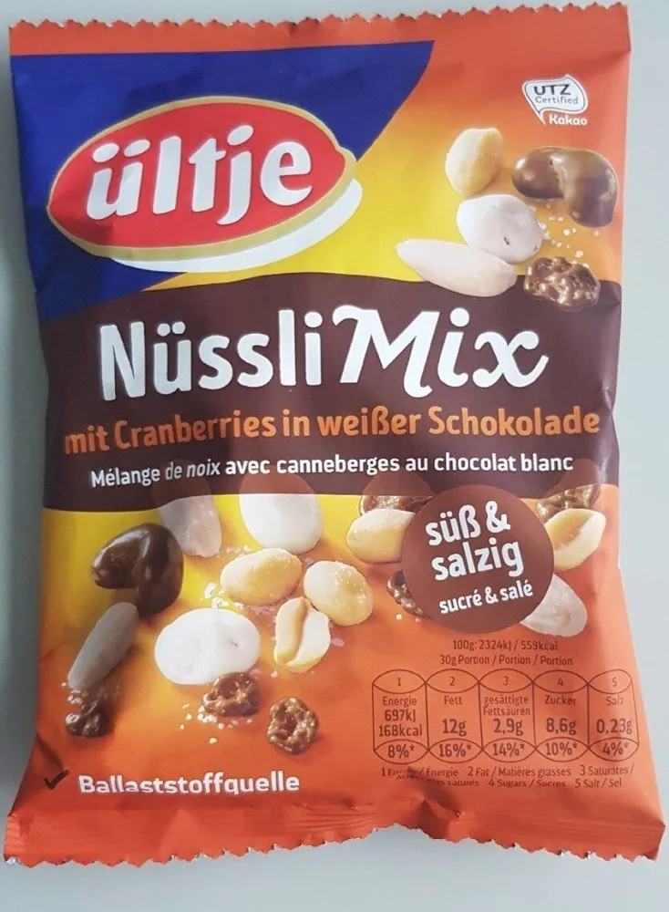 Nüssli Mix mit Cranberries in weißer Schokolade