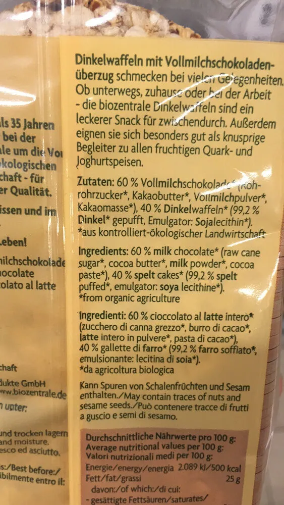 Dinkel Waffeln, Mit Vollmilchschokolade