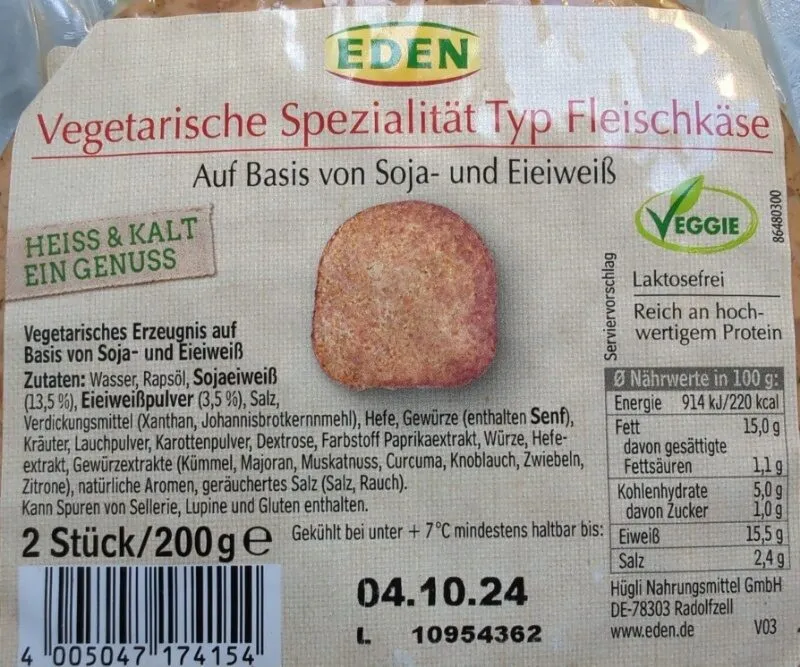 Vegetarische Spezialität Typ Fleischkäse