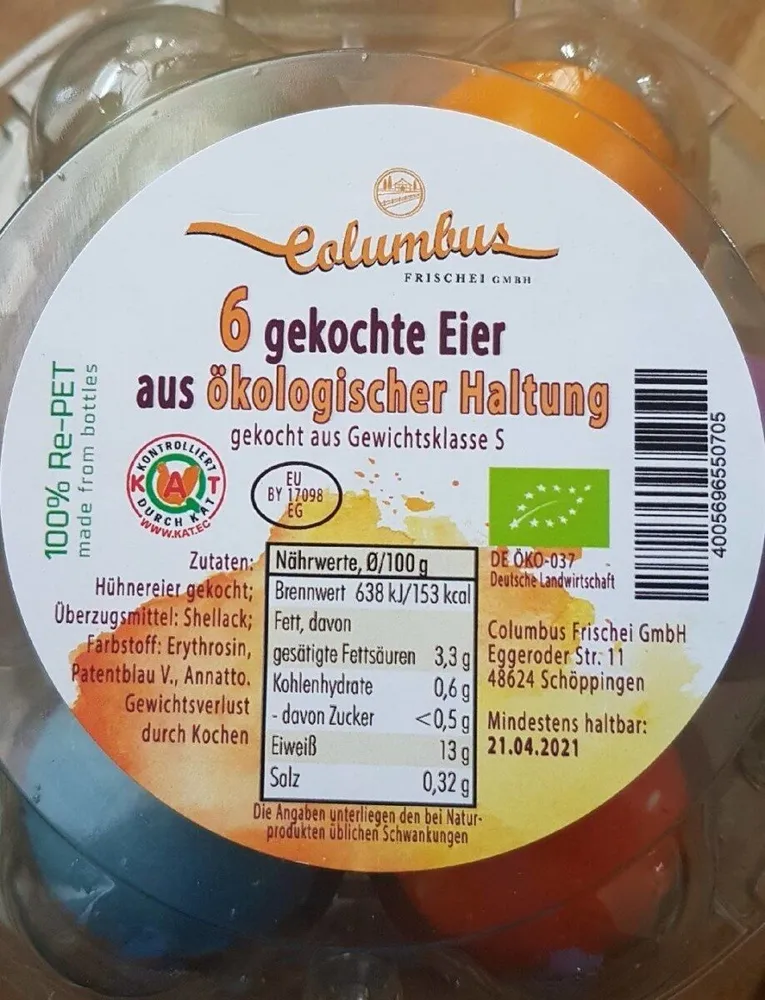 Columbus gekochte Eier aus ökologischer Haltung