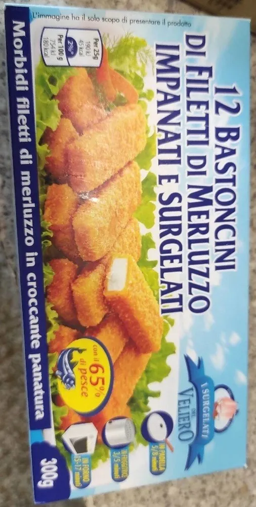 Bastoncini di filetti di merluzzo impanato e surget