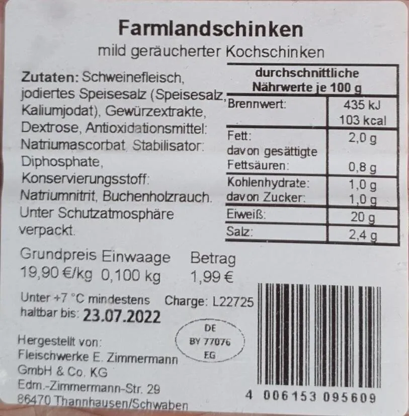 Farmlandschinken mild geräucherter Kochschinken