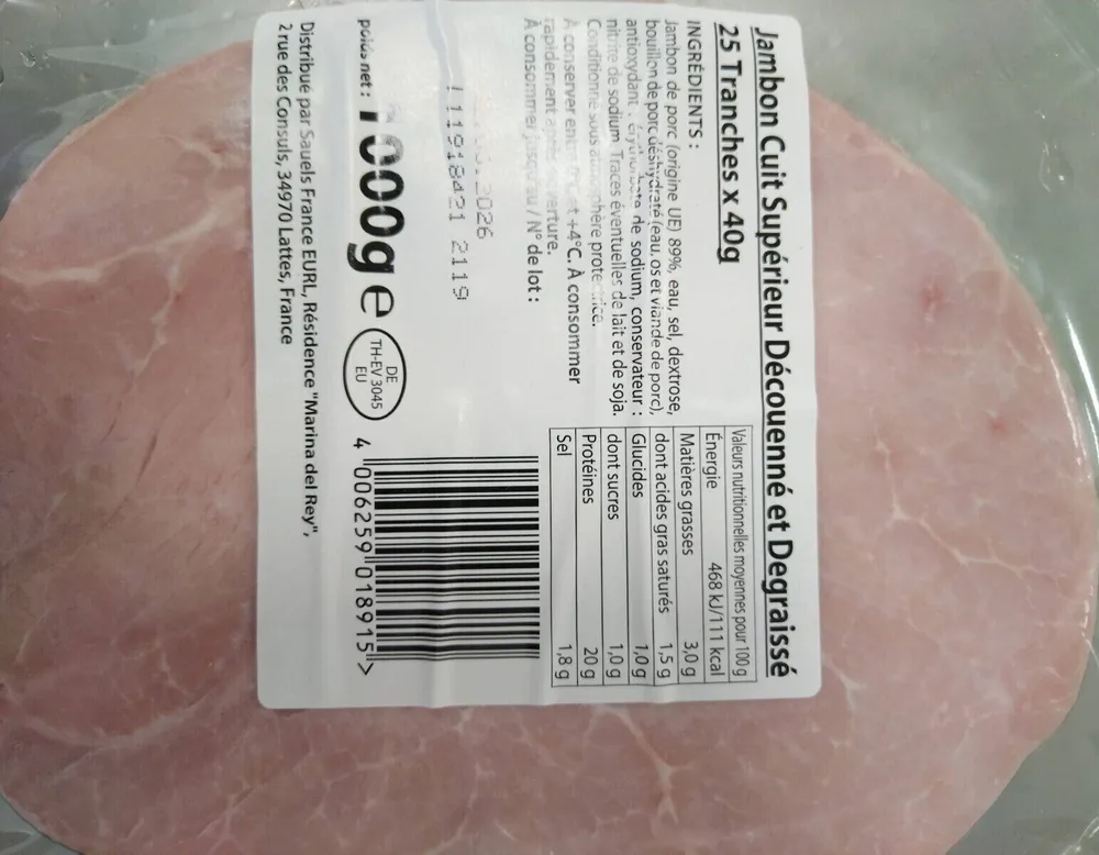 Jambon cuit supérieur découenné et dégraissé 25 tranches x 40g