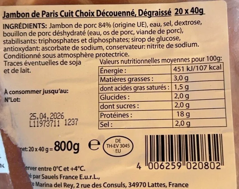 Jambon de Paris cuitchoix découéné, dégraissé 20x40g