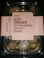 Grüne Oliven mit Frischkäsecreme in Rapsöl