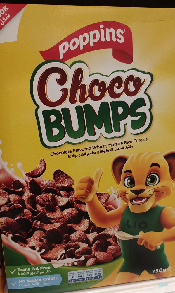 Poppins choco bumps chocolate flavored wheat, maiz and rice cereal