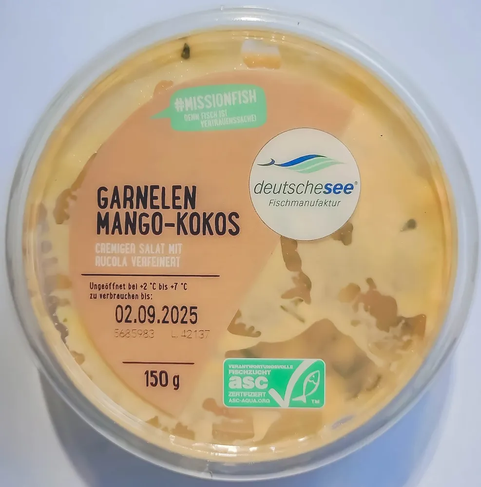 Deutsche See Garnelen Mango-Kokos 4009239630121 Salat mit Garnelen (35%), Mangowürfeln und Rucola in einem fruchtig-cremigen Dressing mit Kokos-Note