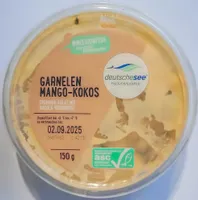 Deutsche See Garnelen Mango-Kokos 4009239630121 Salat mit Garnelen (35%), Mangowürfeln und Rucola in einem fruchtig-cremigen Dressing mit Kokos-Note