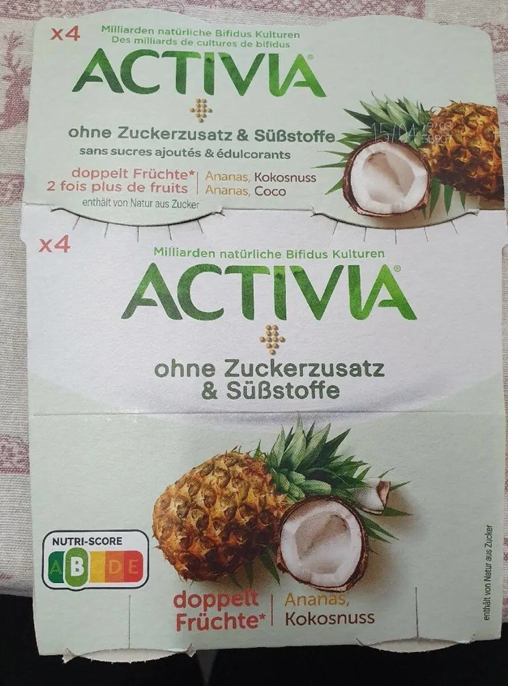 Danone ACTIVIA® ohne Zuckerzusatz & ohne Süßstoffe, doppelt Früchte Ananas, Kokosnuss (4 x 115g) = 460g