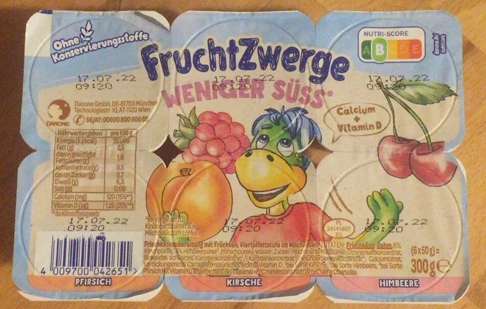 Danone Fruchtzwerge weniger süss Pfirsich, Kirsche, Himbeere 6x50g