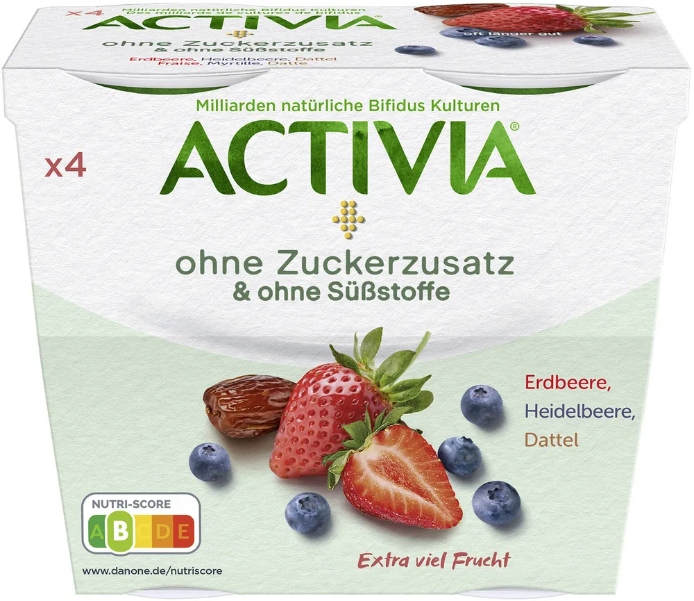 ACTIVIA® Joghurt 3.5% ohne Zuckerzusatz mit Erdbeere, Heidelbeere, Dattel 4x110g