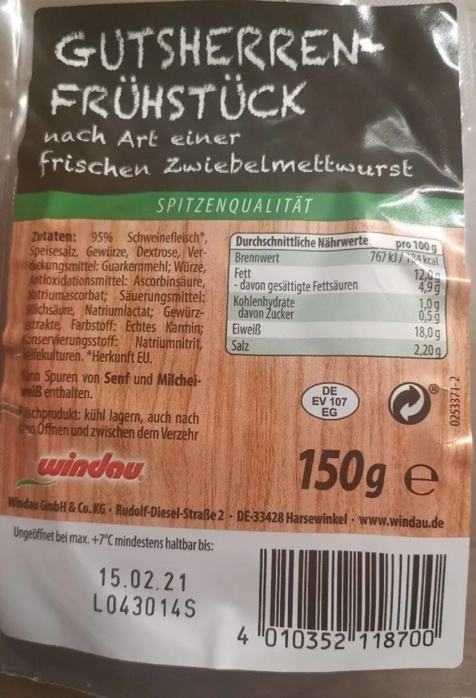 GUTSHERREN FRÜHSTÜCK nach Art einer frischen Zwiebelmettwurst