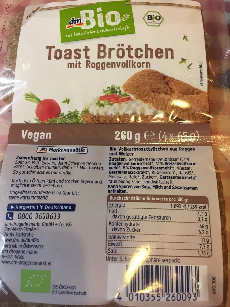 Toast Brötchen mit Roggenvollkorn
