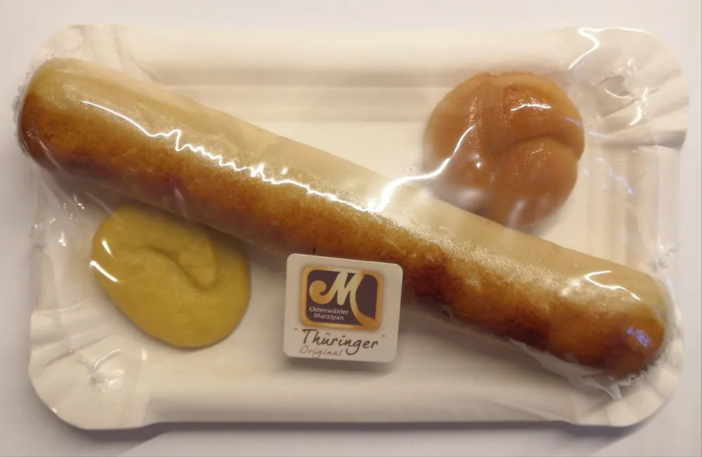 Edelmarzipan "Thüringer Bratwurst mit Senf"