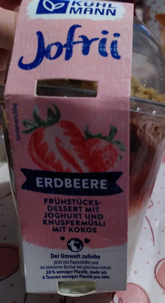 Jofrii Erdbeere Frühstücksdessert mit Joghurt und Knuspermüsli mit Kokos