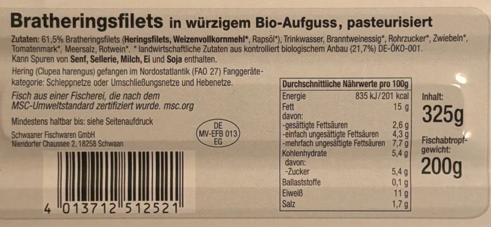 Bratheringsfilets in würzigem Bio-Aufguss, pasteurisiert