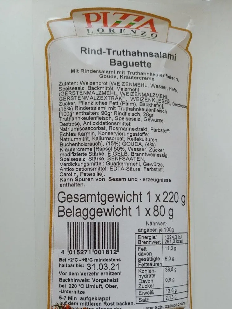 Rind-Truthahnsalami Baguette