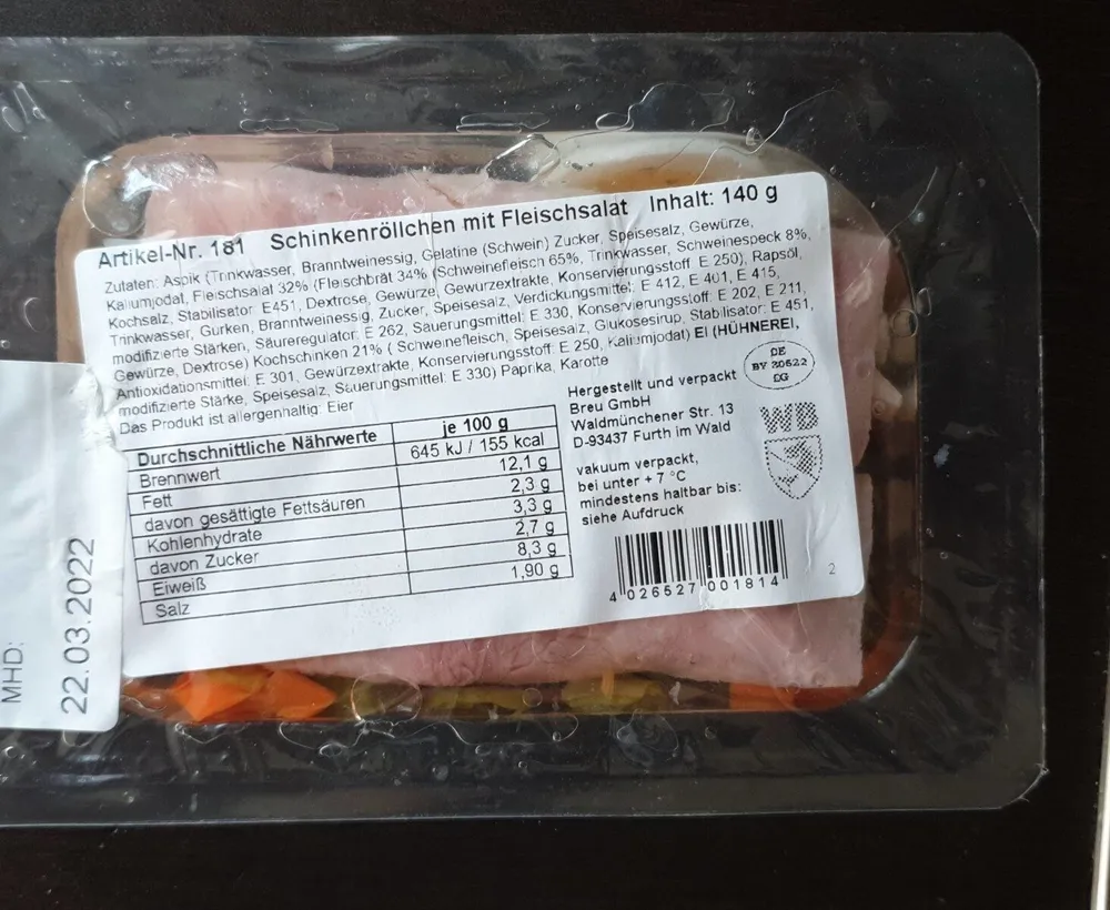 Schinkenröllchen mit Fleischsalat in Aspik