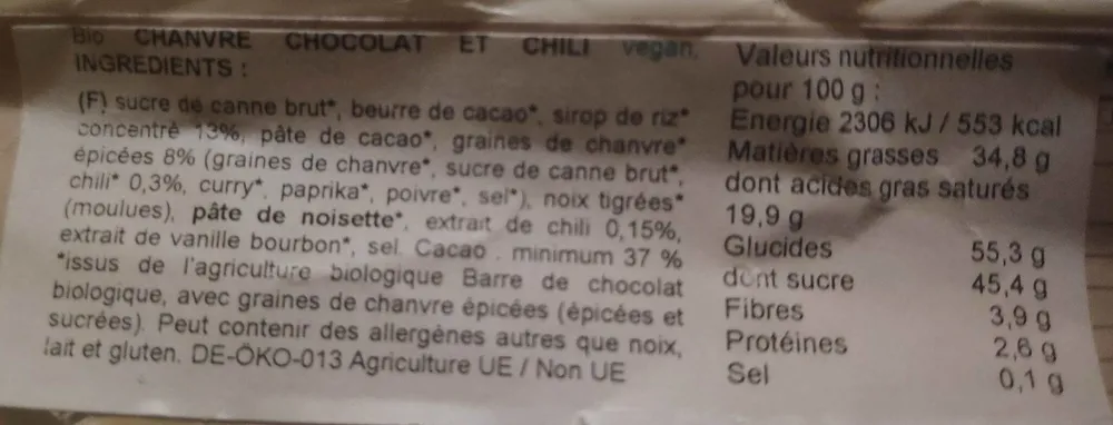 Bio HANF Shoko mit chili Vegan