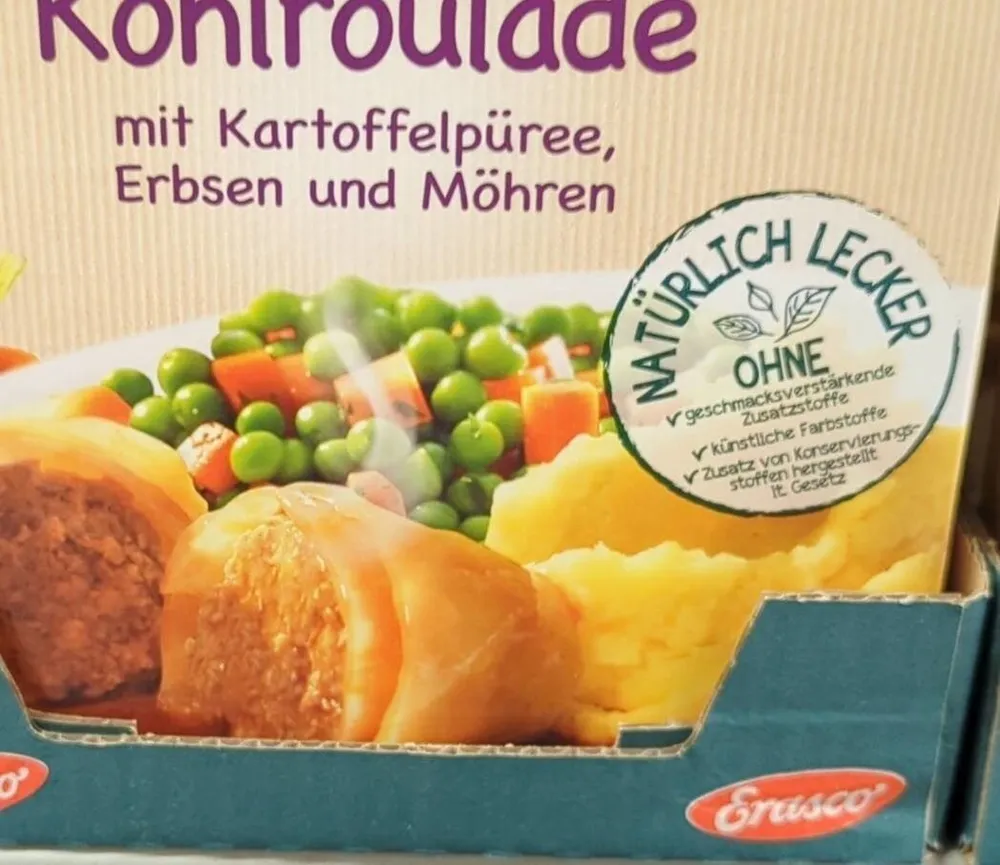 Erasco Kohlroulade mit Kartoffelpüree, Erbsen und Möhren