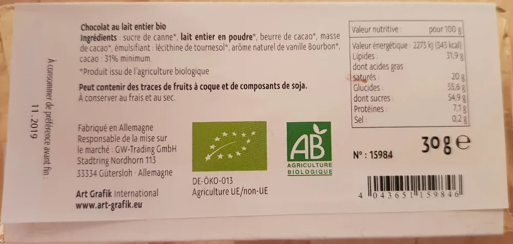 Chocolat au lait entier bio