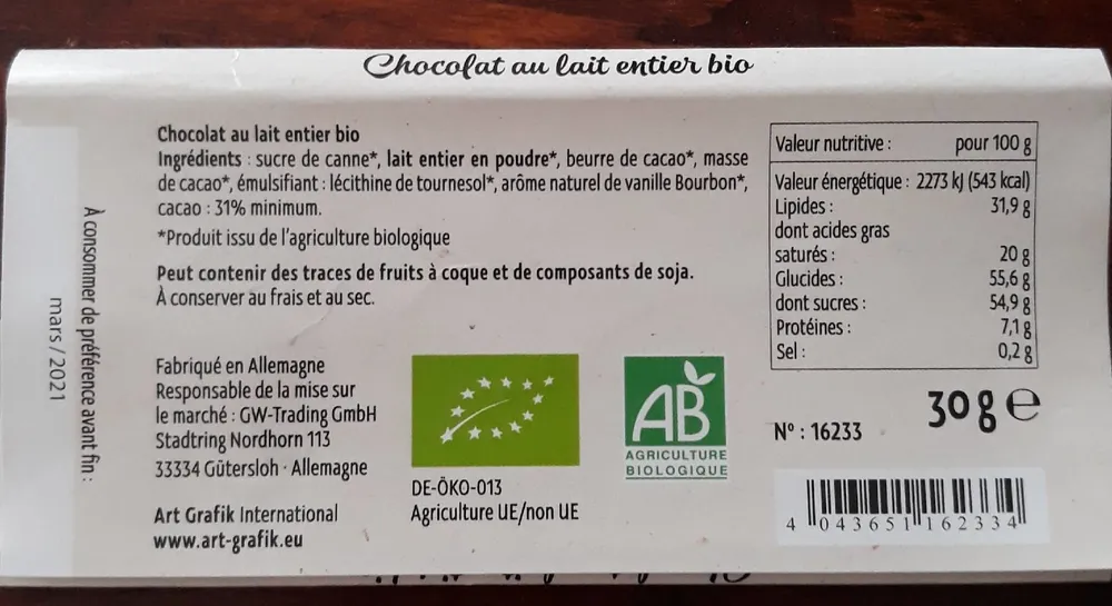 Chocolat au lait entier bio