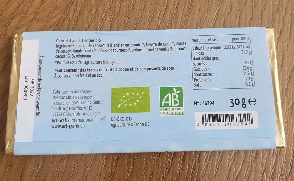 Chocolat au lait entier bio