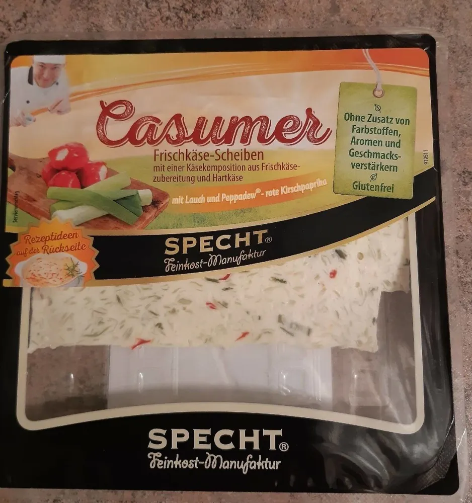 Casumer Frischkäse Scheiben mit Lauch und Peppadew