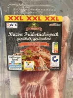 ALDI GUT DREI EICHEN SCHWEIN Bacon XXL Milder Frühstücksspeck geräuchert zum Braten und Backen. Aus der Kühlung 1.39€ 150g Packung 1kg 9.27€