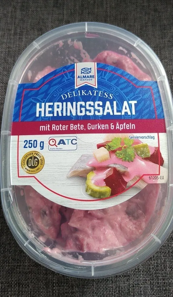 ALDI ALMARE Fisch Heringssalat Mit Roter Bete, Gurken und Äpfeln Aus der Kühlung 1.29€ 250g Packung 1kg 5.16€