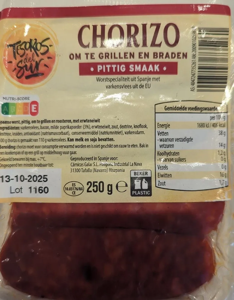 ALDI TESOROS DEL SUR Chorizo Wurstspezialität aus Spanien zum Grillen und Braten Mild gewürzt Aus der Kühlung 2.49€ 250g Packung 1kg 9.96€