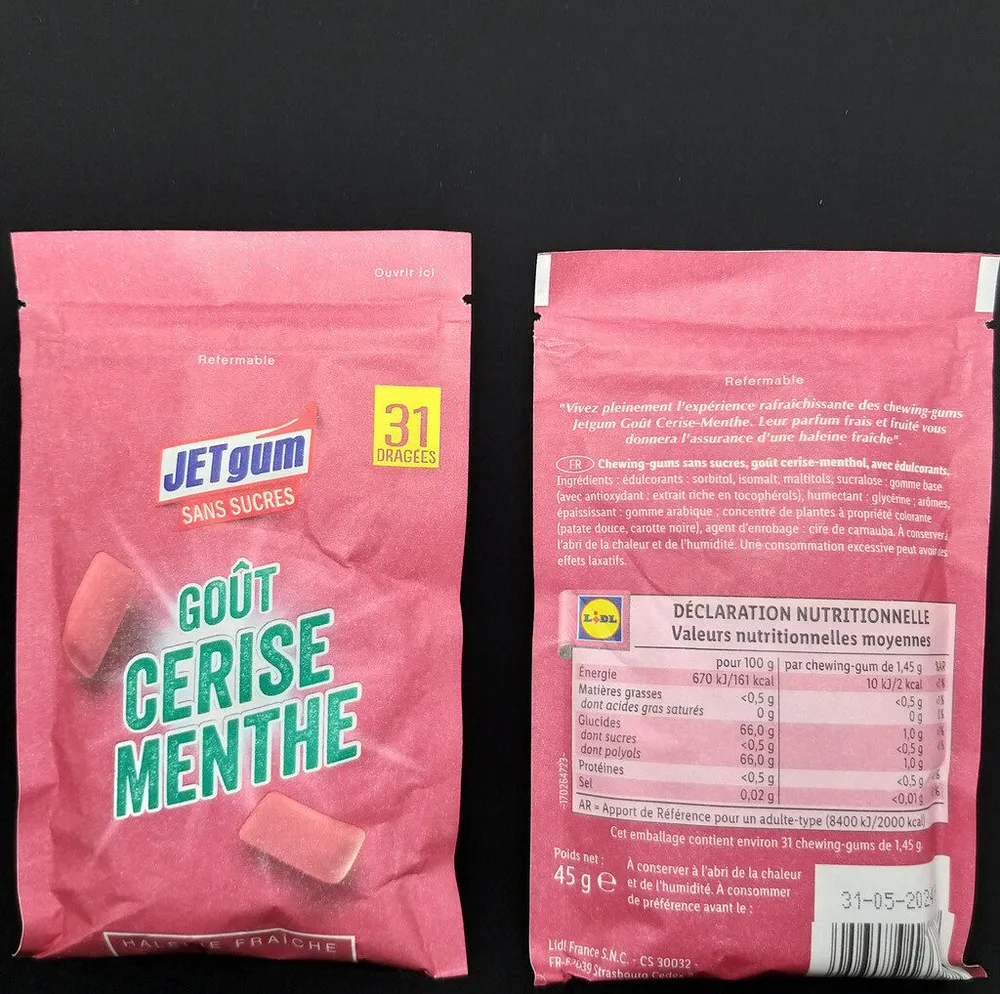 Chewing-gum goût cerise menthe sans sucres