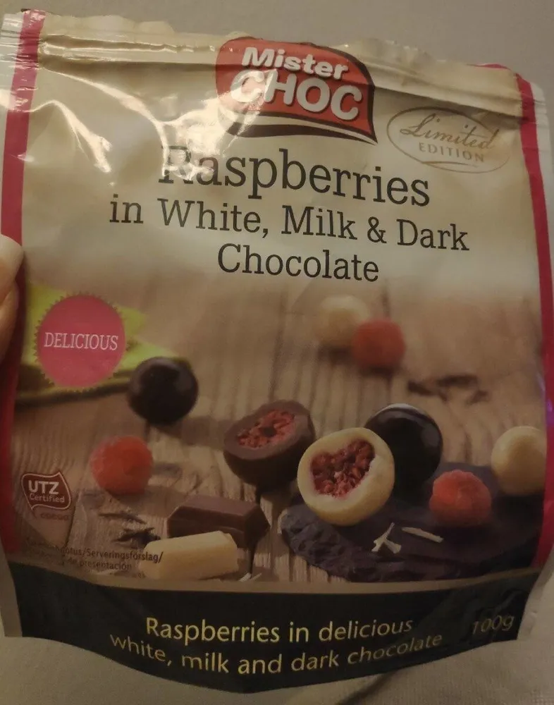 Raspberries in white, milk & dark chocolate