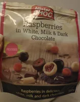 Raspberries in white, milk & dark chocolate