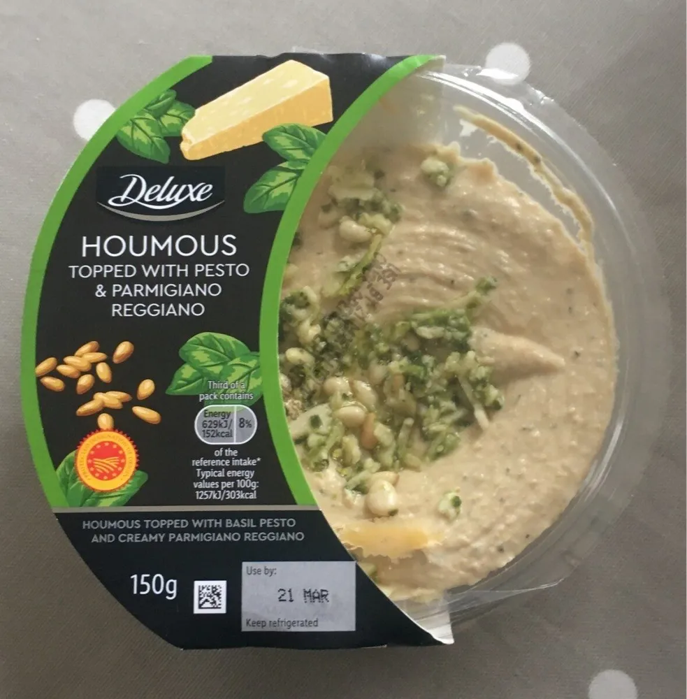 Houmous topped with pesto & parmigiano reggiano
