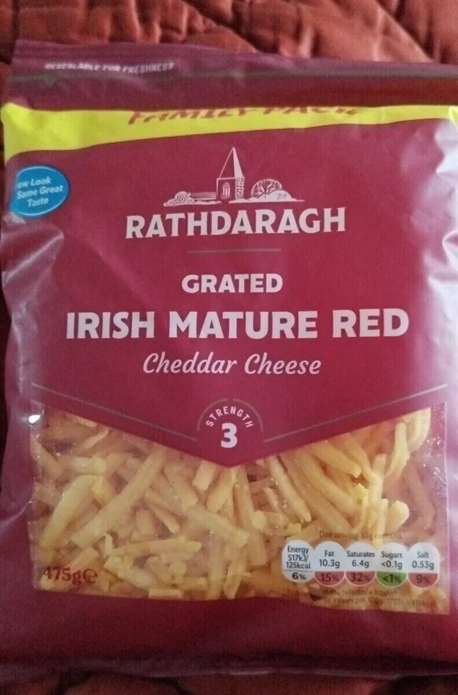 Grated Irish mature red cheddar cheese 3 stren