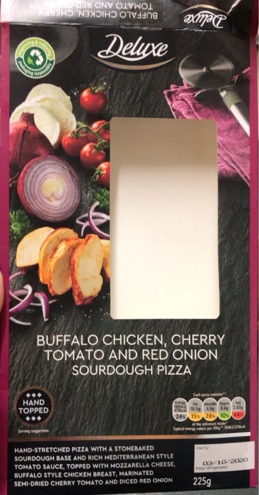 Buffalo chicken, cherry tomato and red onion sourdough pizza