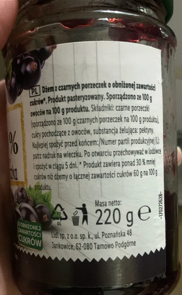 Dżem z czarnych porzeczek o obniżonej zawartości cukrów
